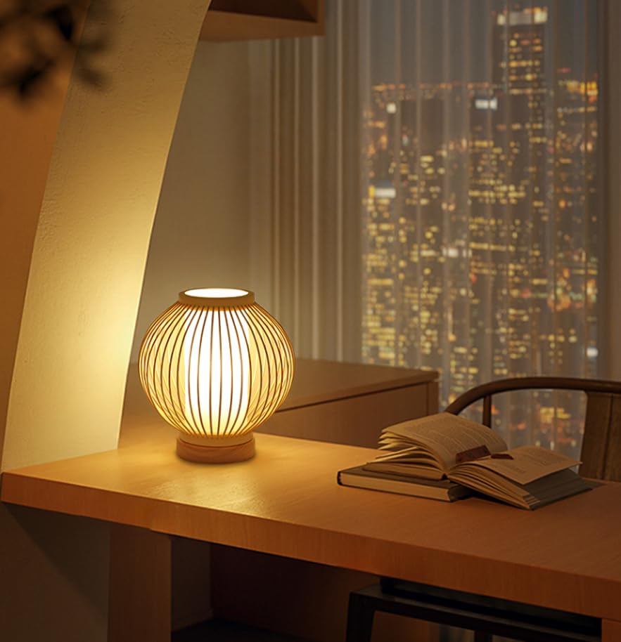 Sakura Table Lamp, Single Light, Small, Rustic, Handcrafted Design, Bamboo Craft, Stylish, Cute, Retro, Natural Bamboo, Perfect for Bedside, Bedroom,