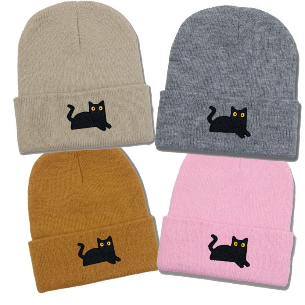 Cute Knit Beanies Embroidery Knit Cap Casual Embroidered Cat Knitted Hat Winter
