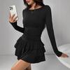 Women's Round Neck Long Sleeve Mini Dress Slim Fit Mid Waist Elegant Tiered Cake Dress