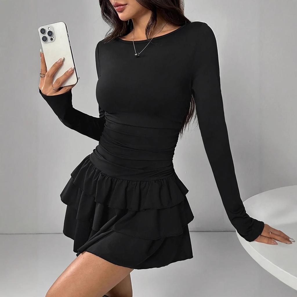 Women's Round Neck Long Sleeve Mini Dress Slim Fit Mid Waist Elegant Tiered Cake Dress