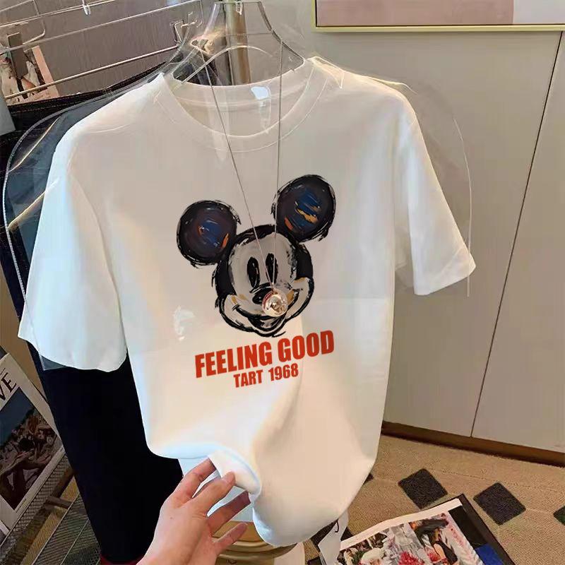 Weißes Baumwoll-Kurzarm-T-Shirt für Damen Im Sommer Neue Modische und Schöne Shirt Cartoon-Druck Schulter-T-Shirt Top