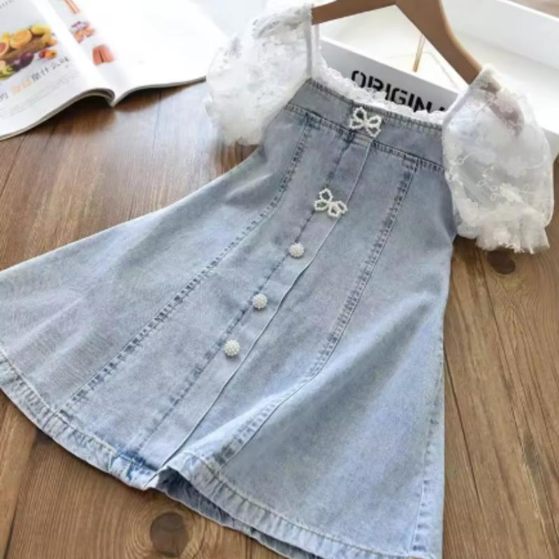 Summer Children Girls' Beads Lace Sleeve Denim Dress Toddler Dresses