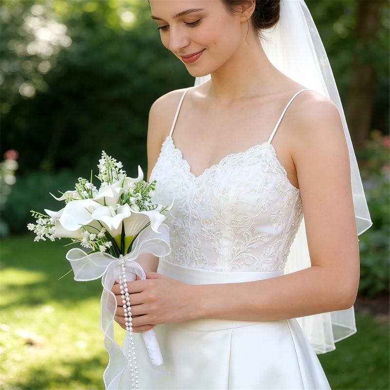Artificial Silk Flower Bride Handheld Bouquet Wedding Flower Arrangement with Ribbon Design for Ceremony Engagement
