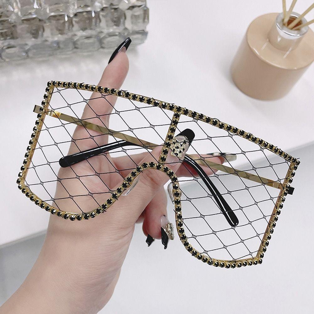 Vintage Oversized Rhinestone Mesh Glasses Colorful Diamond Sunglasses Hollow Out Glasses For Women