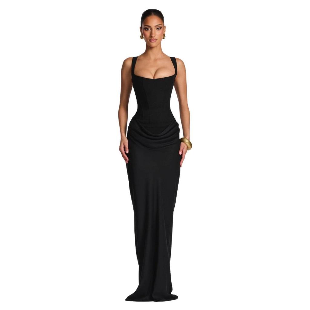Women's Spring Slim Fishbone Strappy Long Dress - Solid Color Hip-Hugging Design