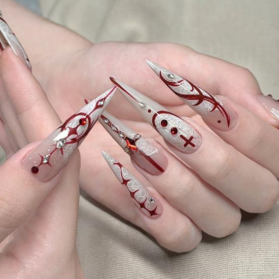 Gothic Cat Eye White Gradient Lace Long Pointed Press-On Nails