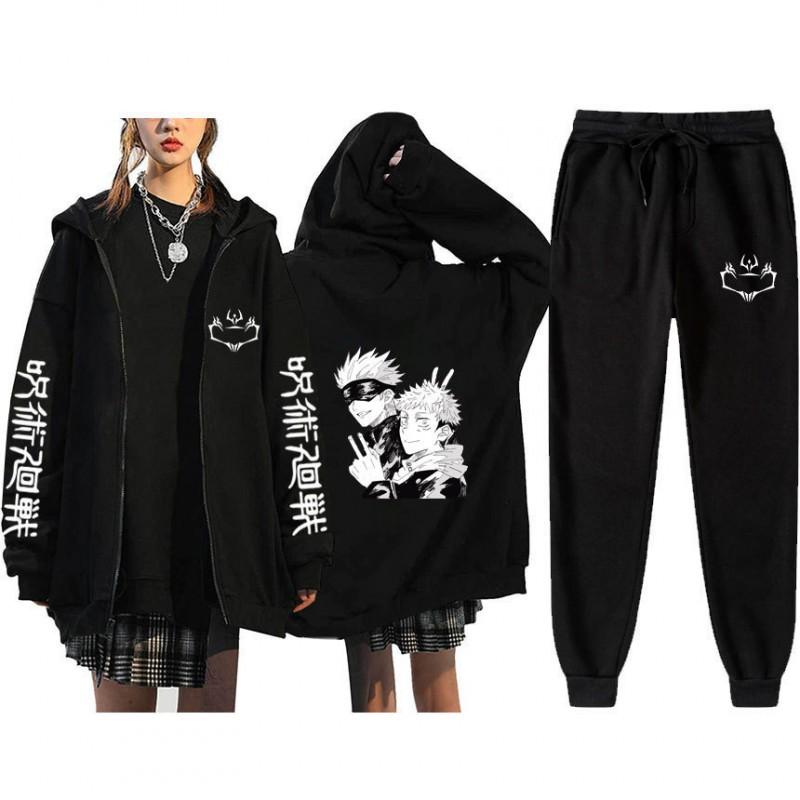 Unisex Winter Casual Sport Set With Anime Print Hooded Zip-Up Sweatshirt Jogger Pants Cotton Blend