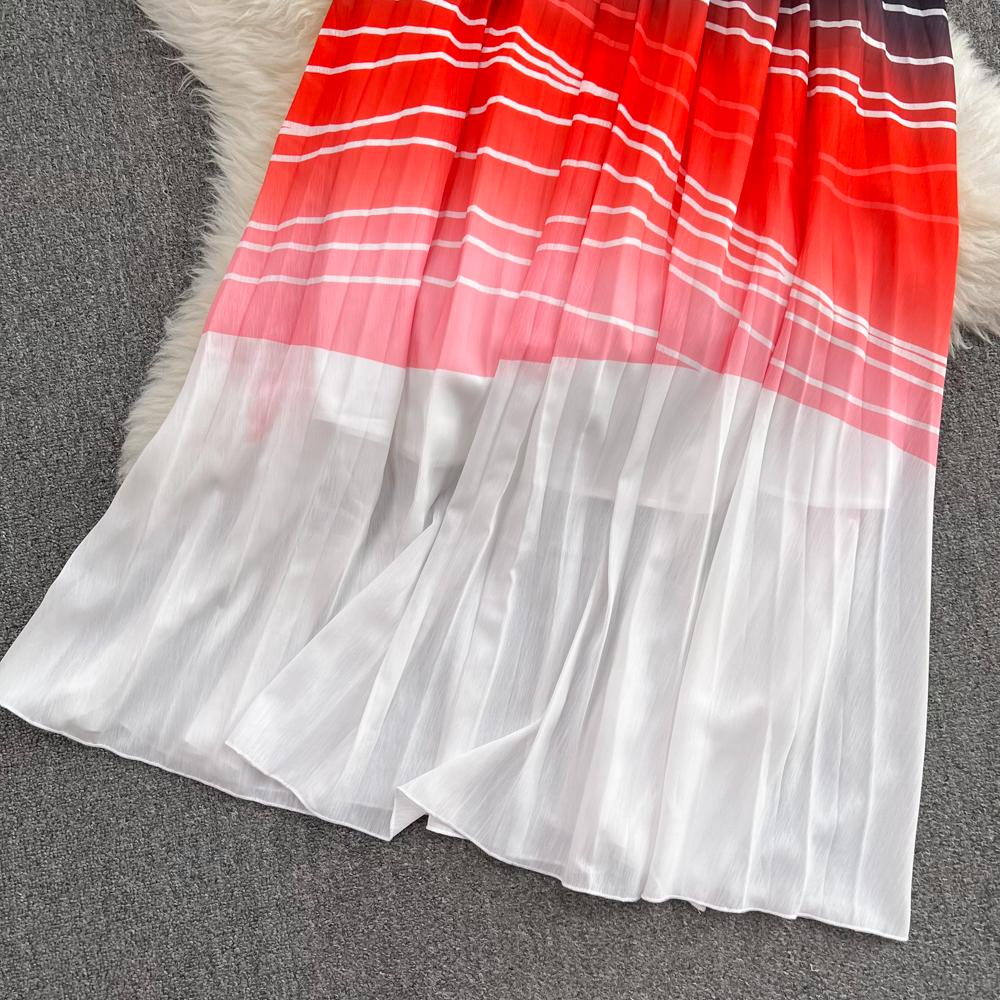 Women's Stand Collar Short Sleeve Striped Gradient High Waist Short Top Two Piece High Waist Pleated Skirt