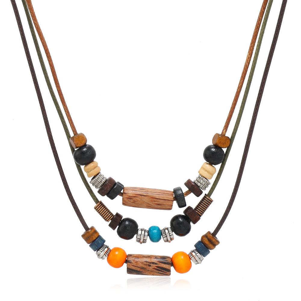 Butterfly-shaped Wooden Beaded Double-layer Necklace, Women's Retro-style Woven Rope Collarbone Chain