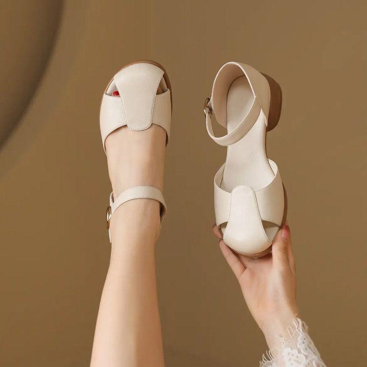 One word with hollow round head retro bag head soft leather sandals summer new leather thick heel high heel sandals