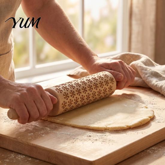 Wooden Dough Roller for Cookies Christmas Pattern Engraved Rolling Pin, Non-slip Handle Party Baking Supplies Roller, Decorative Kitchen Tool Embossed