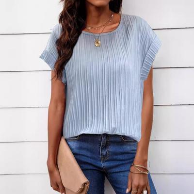Camiseta de manga corta de verano para mujer, elegante camisa de color sólido, blusa plisada de moda, cuello redondo, blusa holgada de poliéster para fiestas de trabajo