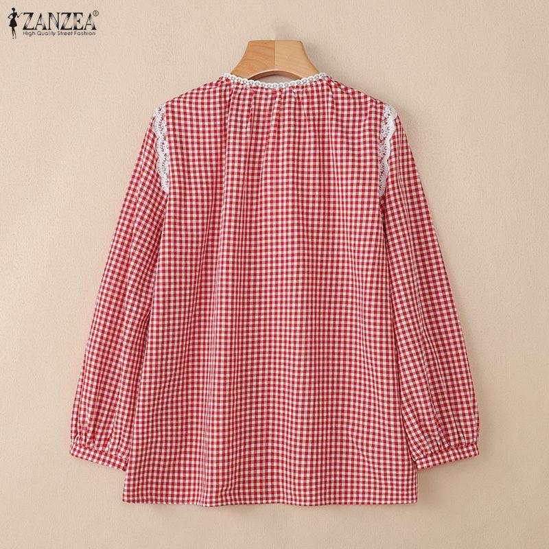 ZANZEA Women Casual Patchwork Round Neck Loose Long Sleeve Plaid Blouse