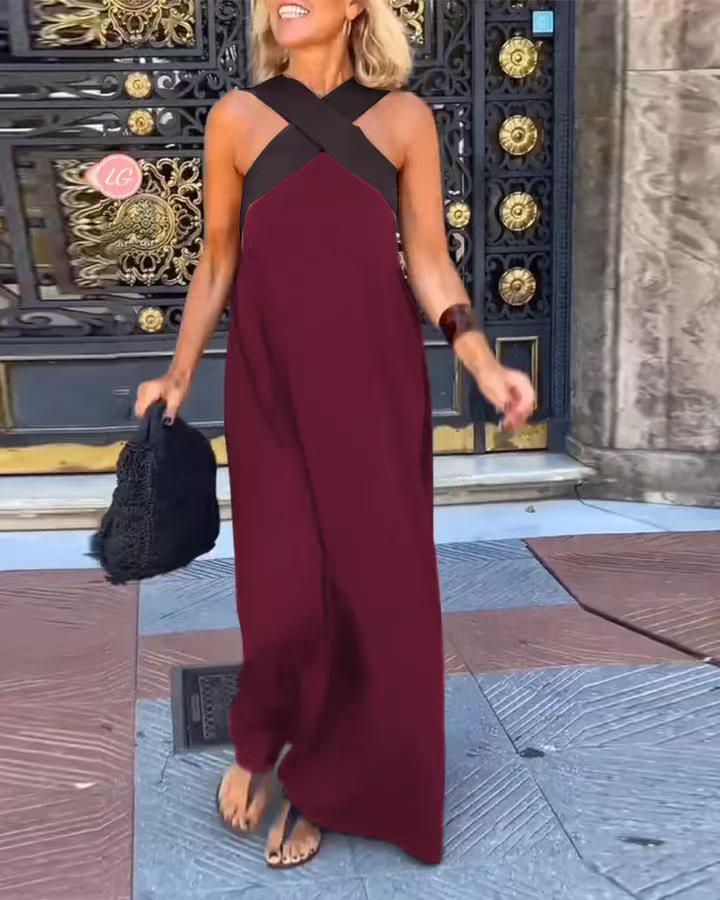 2026 Cross-Border European American Fashion Patchwork Strapless Halterneck Vacation Dress