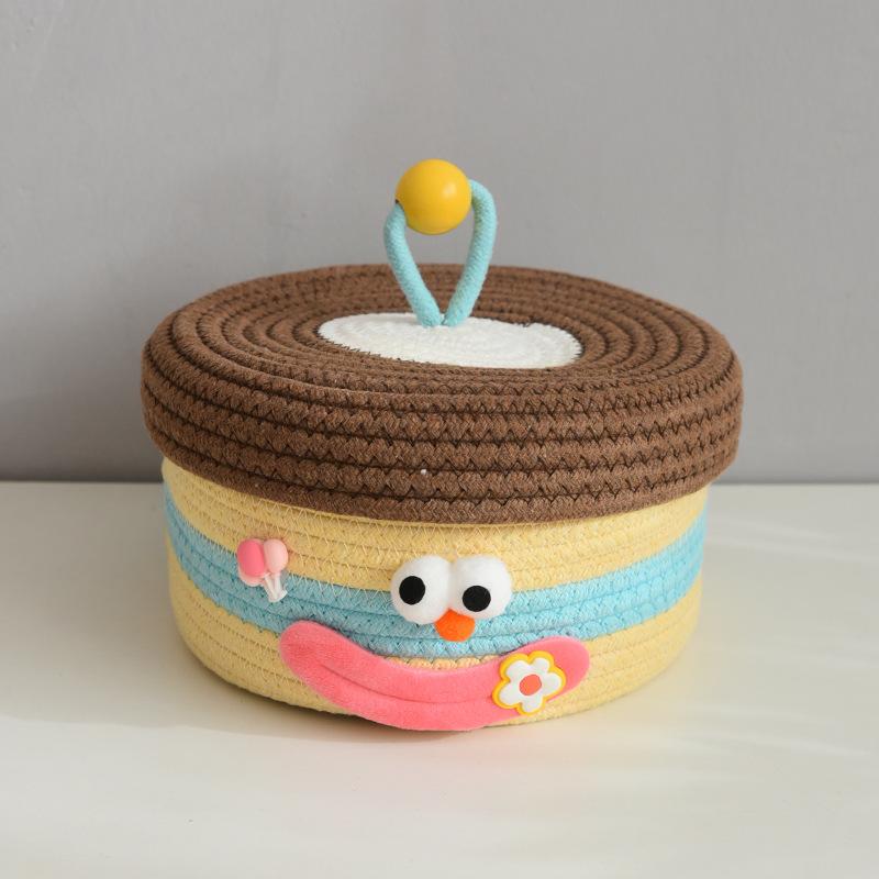Cartoon Smile Cotton Rope Woven Storage Basket with Lids Desktop Organizers for Sundries Snack Needles Kids Toys Container
