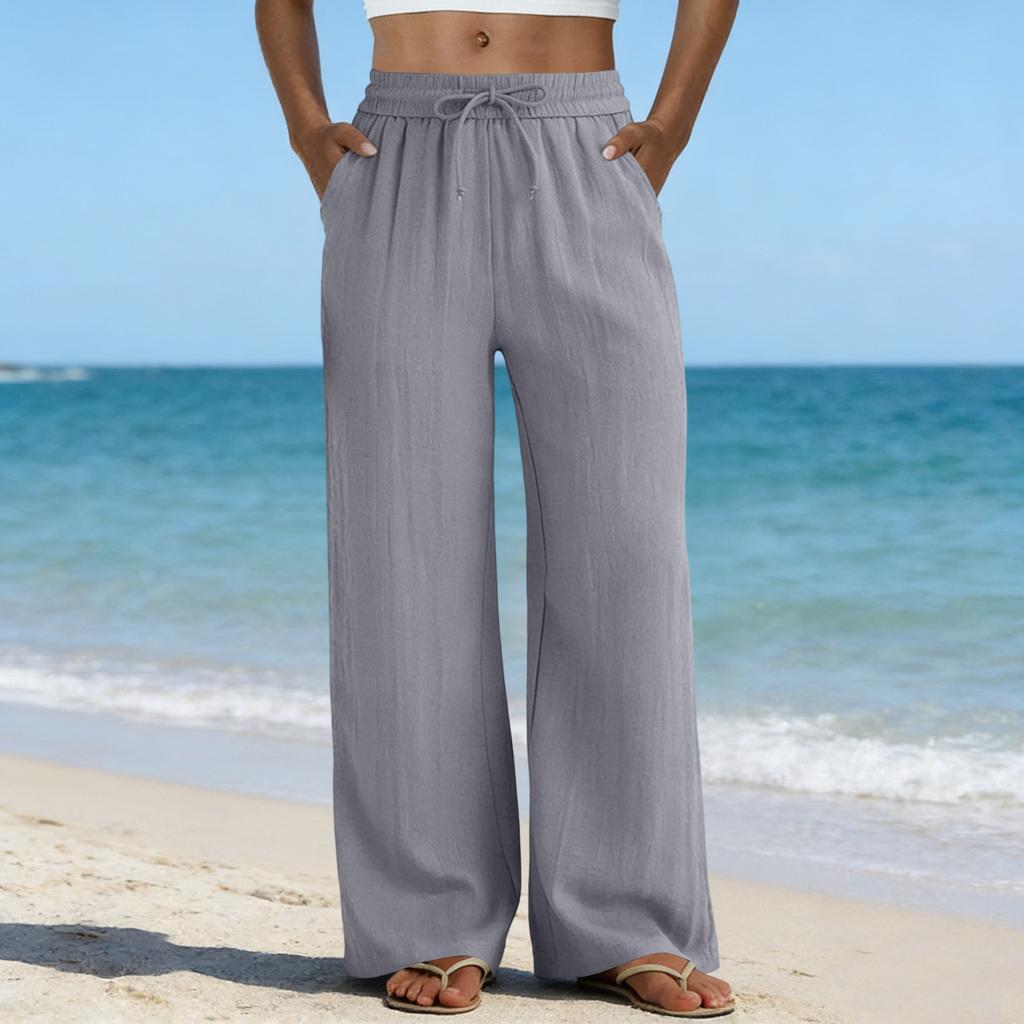 Wide Leg Pants For Women Flowy Drawstring Elastic Waist Trousers With Pockets Summer Beach Vacation Clothes