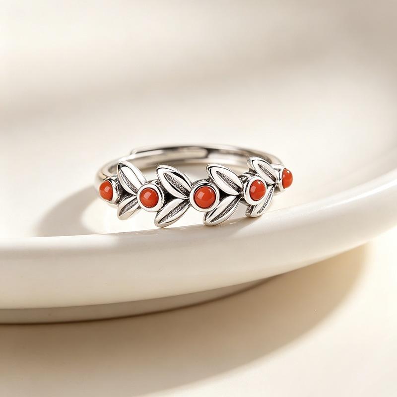 New Creative South Red Wheat Forest Style Fresh Leaf 925 Sterling Silver Jewelry Retro Opening Rings 02900