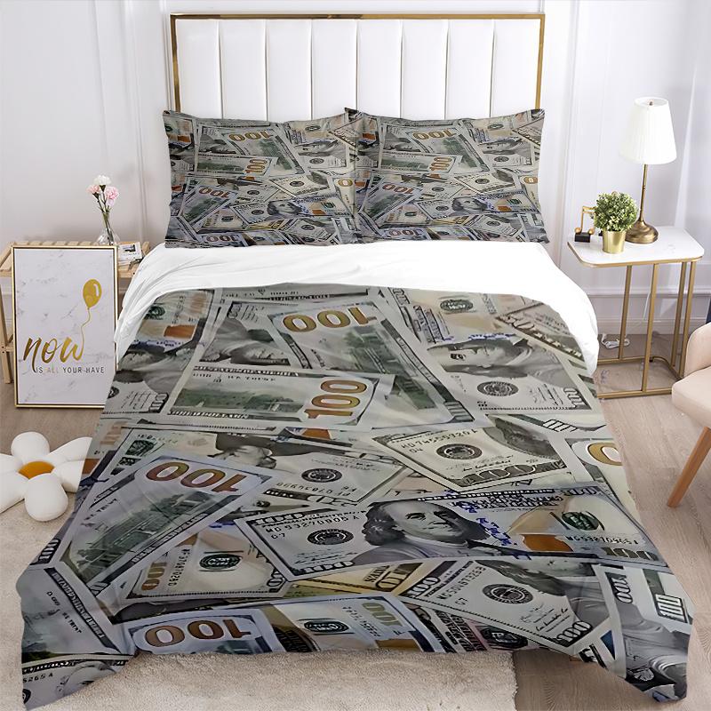 3pcs 100 Dollar Bill Print Comforter Set with 1 Quilt Cover and 2 Pillowcases (No Core) - Home Decor, Holiday Gift, Polyester Fabric, Anime Cartoon De