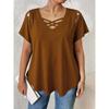 V-neck Short Sleeved Cross Strap T-shirt Large Size Summer Casual Fashion Hollow Out Blouse Solid Color Women Sweet Simple Office Shirts Clothing