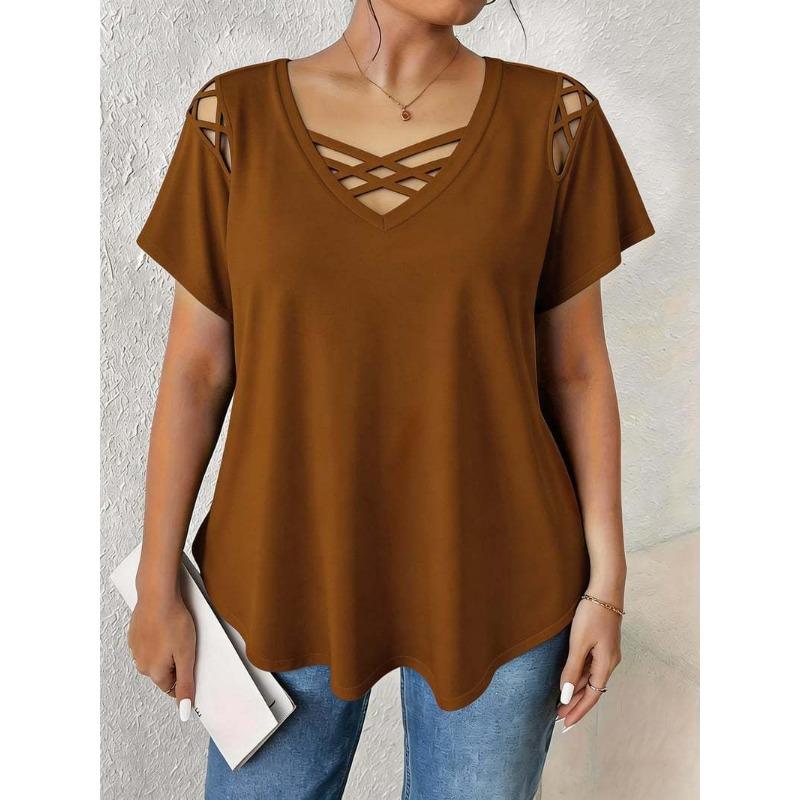 V-neck Short Sleeved Cross Strap T-shirt Large Size Summer Casual Fashion Hollow Out Blouse Solid Color Women Sweet Simple Office Shirts Clothing