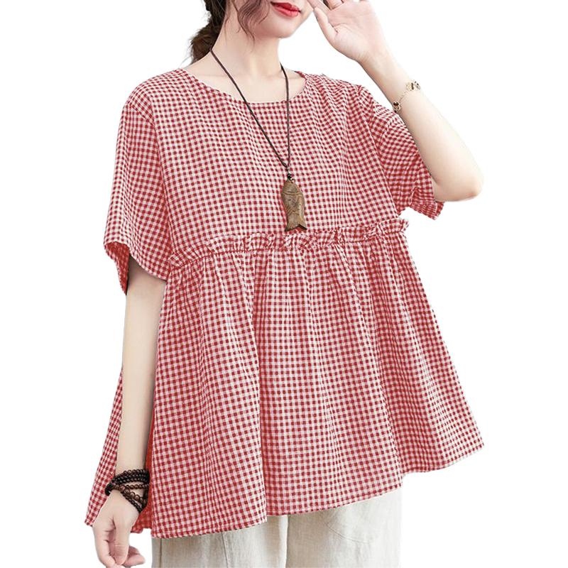 ZANZEA Women Casual Round Neck Summer Short Sleeve Plaid Print Blouse