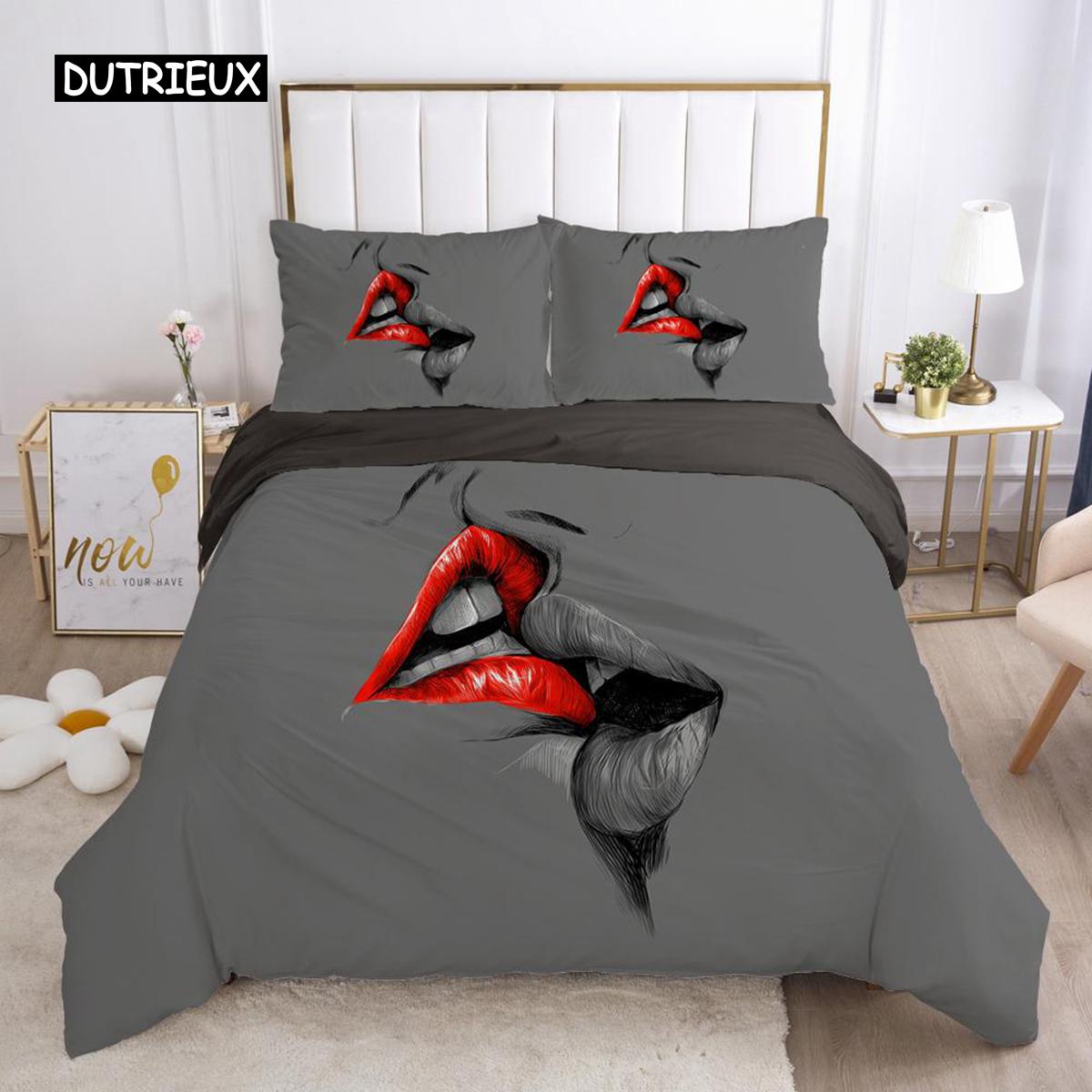 

Red Lips Комплект постільної білизни Queen Polyester Love Twin Set Sexy Theme Adult Couper Cover 3D Kiss Marks Підковдра Cover 150x200cm 3pcs