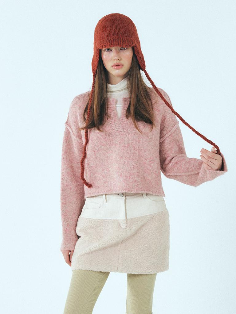 ETMON Neck-Slit Knit Pullover, Pink
