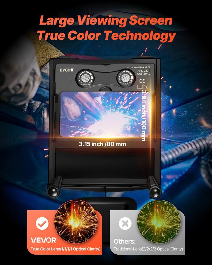 Welding Helmet Auto Darkening True Color, 100 X 80 Mm Welding Hood Solar-Powered, Welder Mask with 4 Arc Sensors, Wide Shade 4/5-9/9-13 for TIG MIG