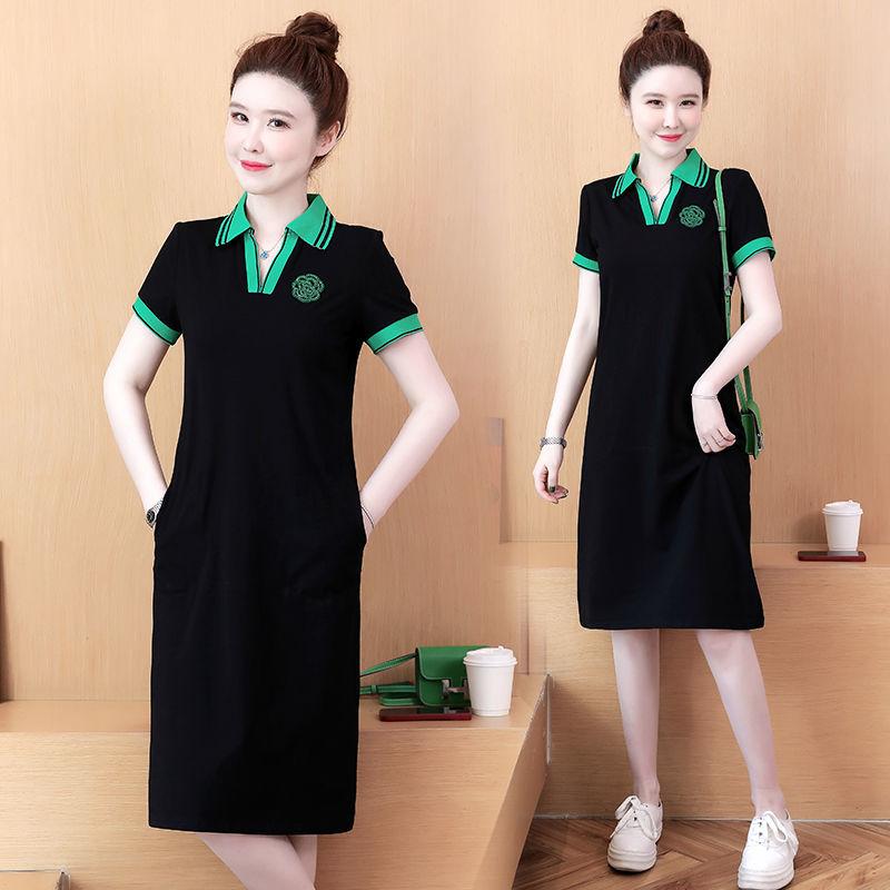 Frauen Mode Schlanke Frauen Kleid Stickerei Drehen Unten Kragen Grün Patchwork Schwarz Kleider