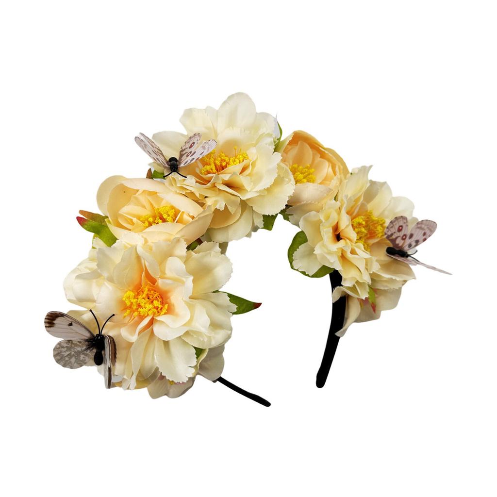 Fabric Flower Headband for Music Festival with Butterfly Decors Music Festival Accessory Hairhoop Wedding Bride Headwear