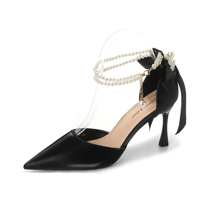 Fashion Women Summer High Heels Sandals Lady Pointed Toe Stiletto Butterfly Knot Pumps Fashion Pearl Buckle Strap Wedding Bridal Shoes