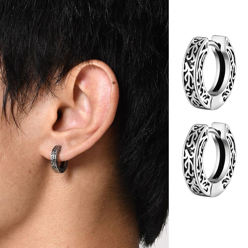 Vintage Vine Hoop Earrings for Men Boys,Waterproof Silver Color Huggies Earrings,Trendy Hip Hop Rock Cool Jewelry Accessories