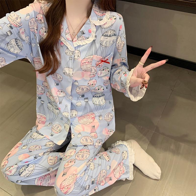 Hot Air Balloon White Pajamas Women Can Wear Thin Imitation Cotton Loungewear Long-sleeved Two-piece Set In Spring