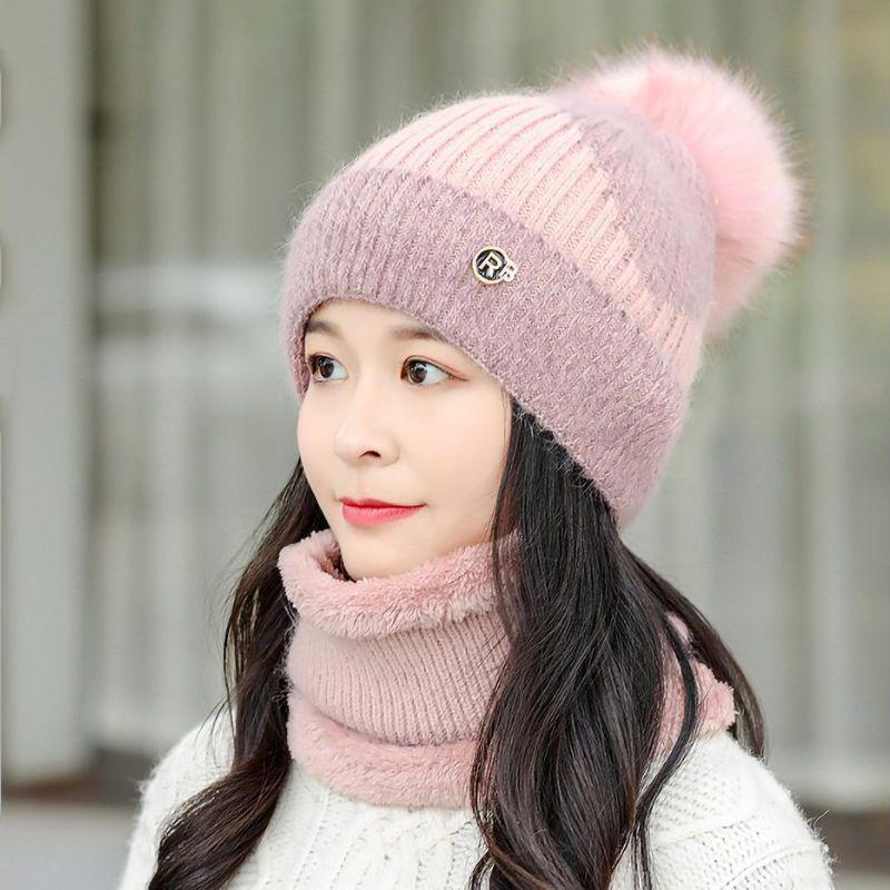 

Женская зимняя велосипедная шапка с бархатом, шерстью и шарфом — теплая, трикотажная, защищающая уши шапка для холодной погоды Hat + Scarf