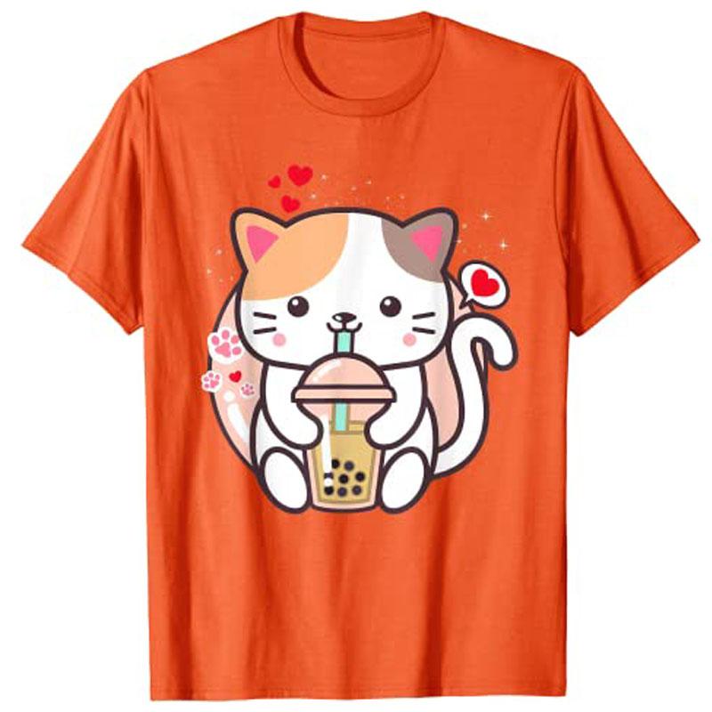 Cat Boba Tea BubbleTea Kawaii Anime Japanese Neko Girl Teen TShirt Y2k Cute Cartoon Unisexga Graphic Clothes Novelty Personality