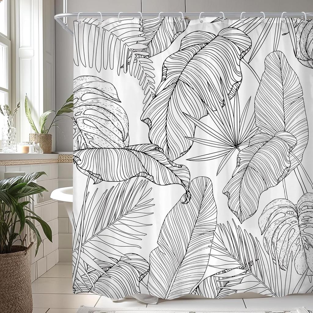 Emerald Green Boho Shower Curtain Black Gold Modern Abstract Palm Leaves Tropical Monstera Bathroom Curtain Set Brown Botanical