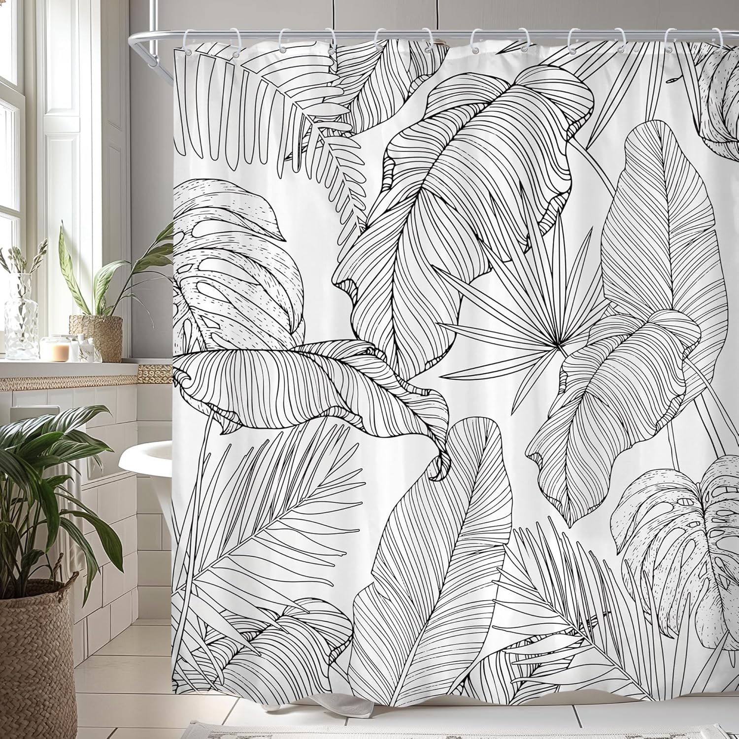 

Emerald Green Boho Shower Curtain Black Gold Modern Abstract Palm Leaves Tropical Monstera Bathroom Curtain Set Brown Botanica W60H190(CM)-1 Pcs