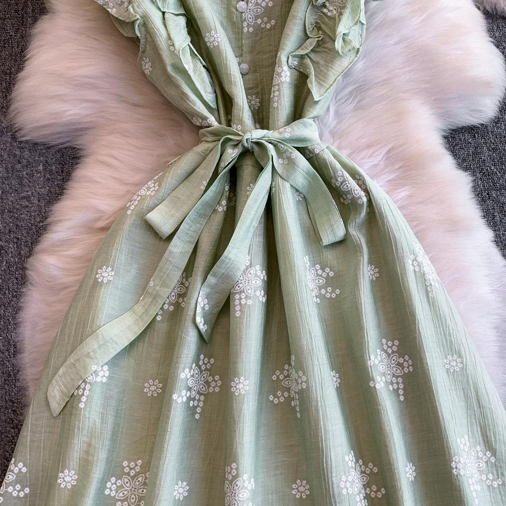 Sweet Stitched Ruffle Hem round Ne Princ Long Dress Women Spring Autumn Belted Waist Women Dress