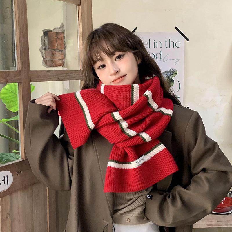 Winter Warm  Striped Color Block Scarf Women Knitted Scarf Windproof Neck Cover Thermal Neck Warmer красный