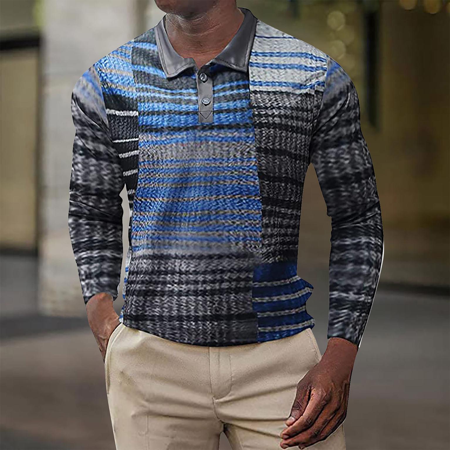 

Men s Spring New Designer Loose Plus Size Lapel Print Top Long Sleeve Shirt L синій