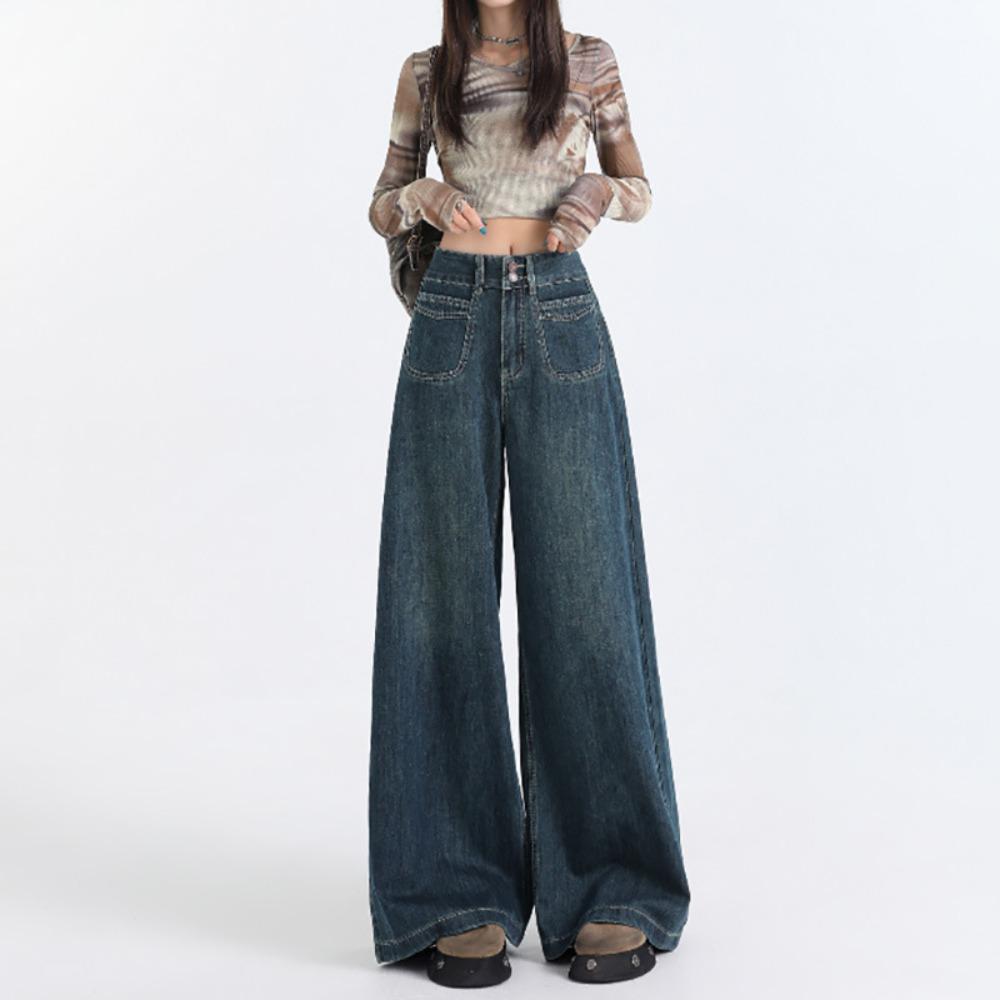 Personalized versatile wide-leg jeans women's spring and autumn new high-waisted drape design sense fashionable floor-mopping jeans