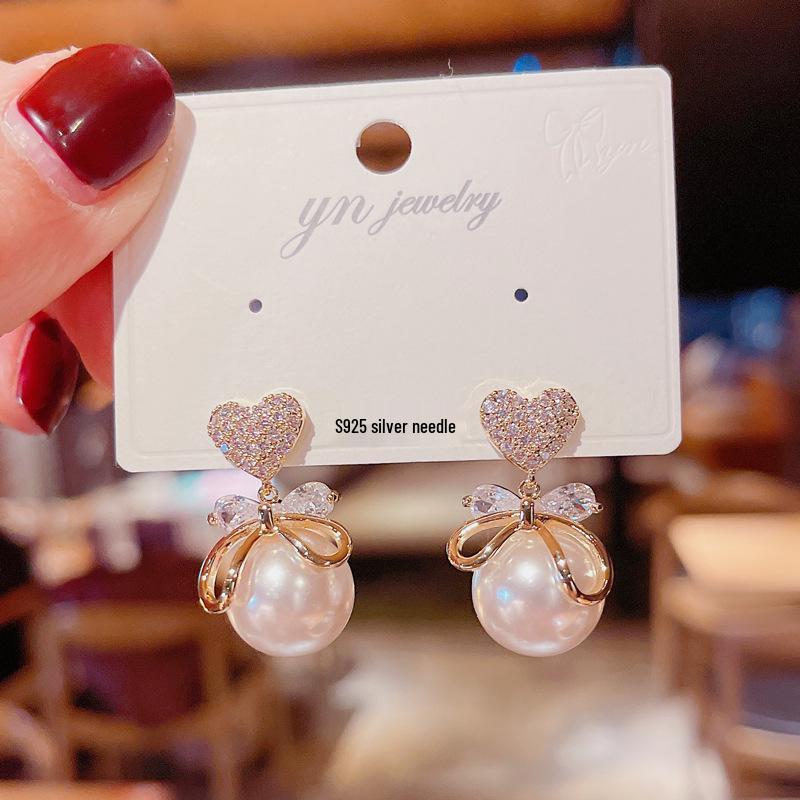 Náušnice s jehlou ze stříbra S925 s kočičím okem a perlou, dlouhé s mašličkou - Retro a všestranný styl pro ženy