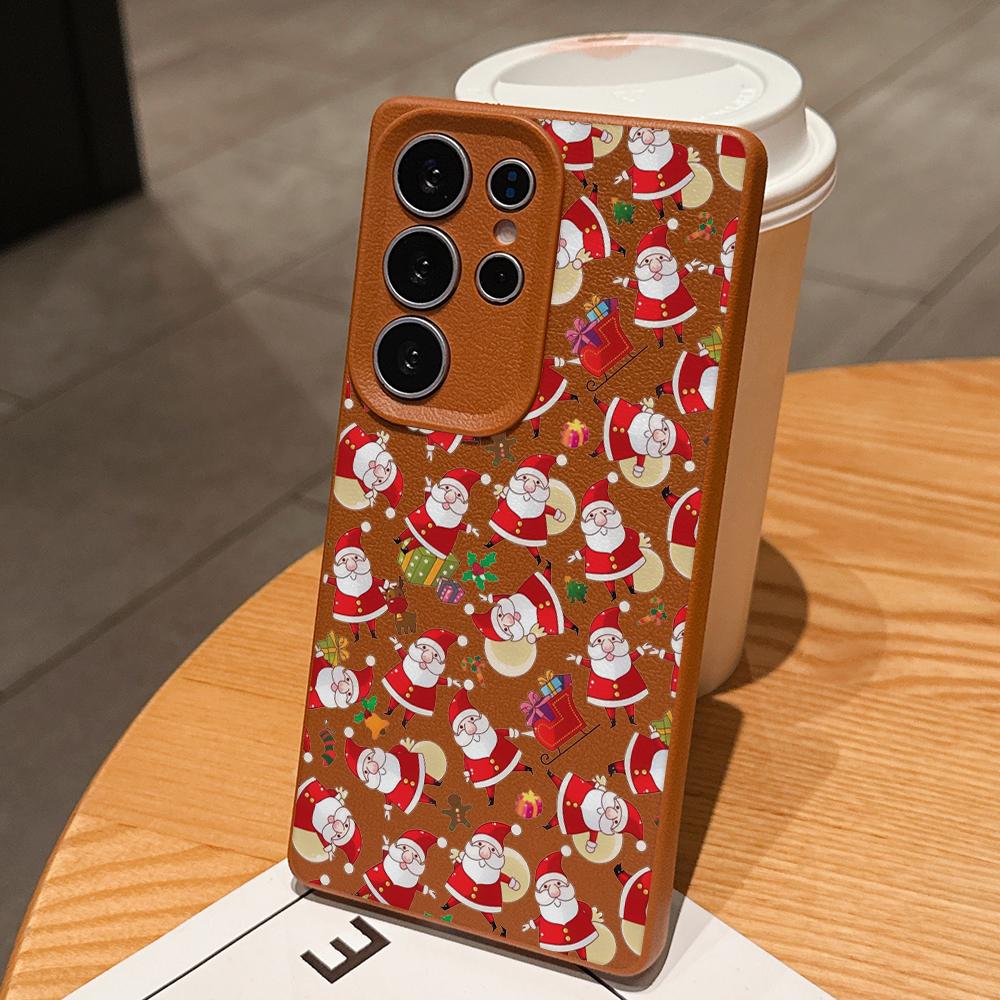 Samsung A07 Xiaomi Redmi 13C 14C for iPhone 17 Pro Max Infinix Realme Phone Cases Soft Brown Leather Pattern TPU Case NY59 Santa Claus Happy New Year