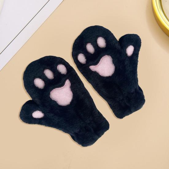 1 Pair Women Winter Mittens Cartoon Cat Paw Shape Thick Plush Anti-slip Heat Retention Outdoor Skiing Cycling Gloves