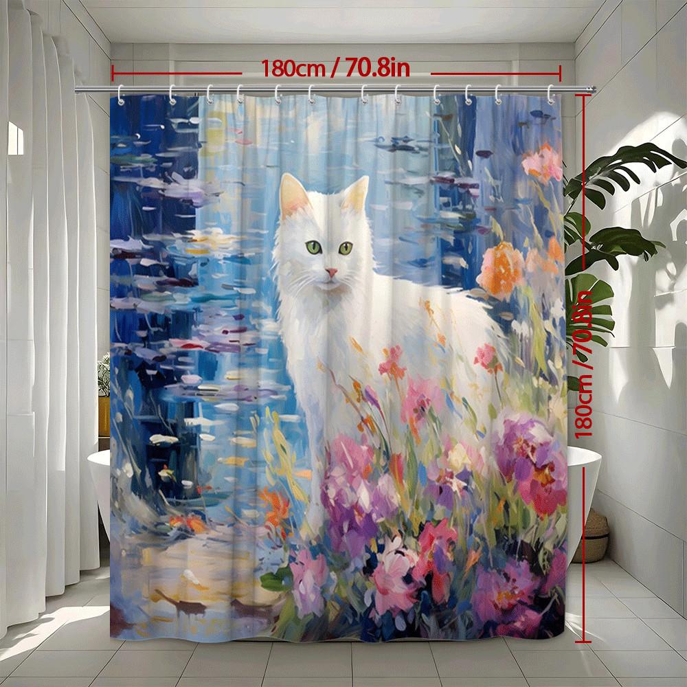 White Cat In Flower Garden Shower Curtain Watercolor Style Artistic Scene Whimsical Pet Lover Decor Waterproof Elevate Space