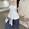 Sweet Wind White Bow Strap Tube Top Women's Summer French Ruffle Edge Chic Waist Slim Top