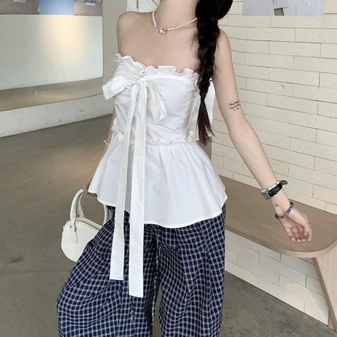 Sweet Wind White Bow Strap Tube Top Women's Summer French Ruffle Edge Chic Waist Slim Top