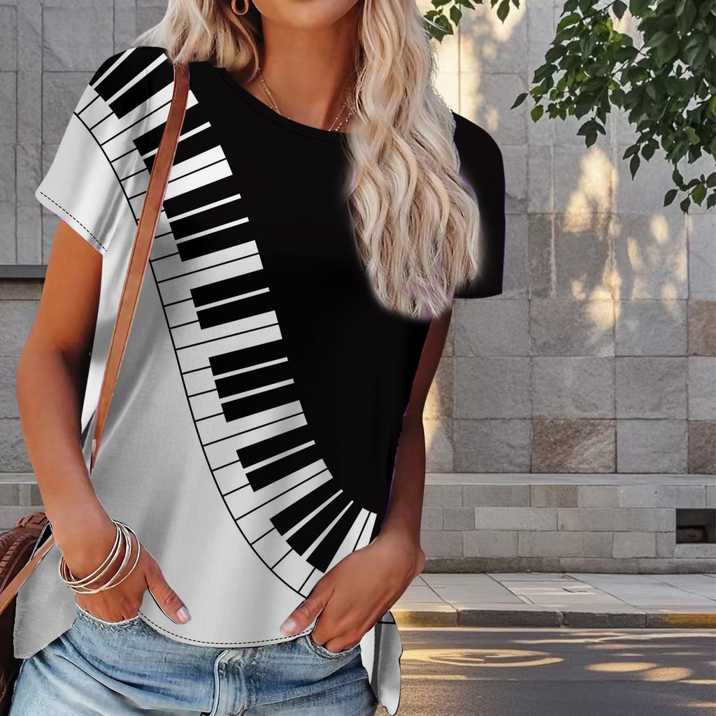 Women Summer T Shirt Personalized Pattern Print Retro Fashion Short Sleeve Tees Casual Printed Tops