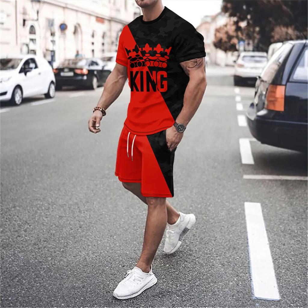 Men's 3D Print Letter Line Splicing Outdoor Vacation Casual Street Wear Round Neck Short Sleeved T-shirt Shorts Sports Set of 2 Pieces
