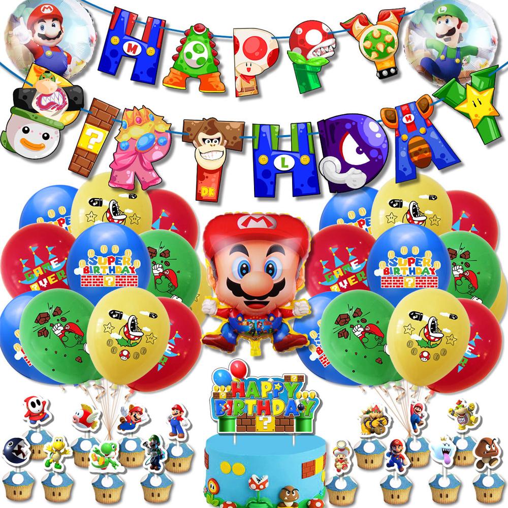 Super Mario Birthday Party Supplies Includes Banner, Cupcake Toppers, Balloons